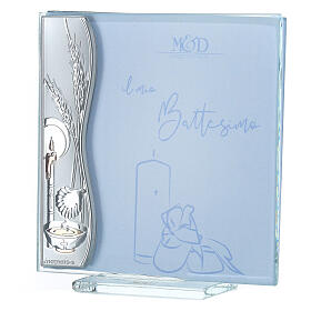 Photo frame 10x10 cm, Baptism gift idea, light blue, silver laminate
