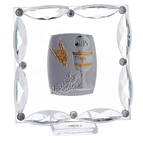 Square glass ornament, white crystals and bi-laminate, First Communion, 7x7 cm 1