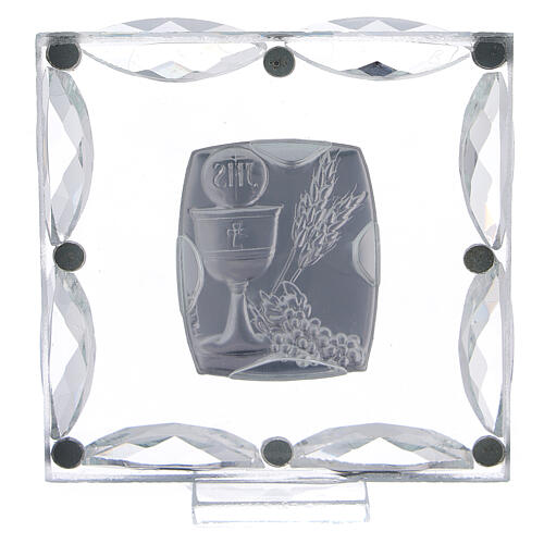 Standing picture white crystals and double laminated silver Holy Communion 3x3 in 3