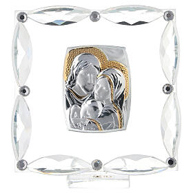 Cuadrito Sagrada Familia lámina plata y decoraciones cristal 7x7 cm