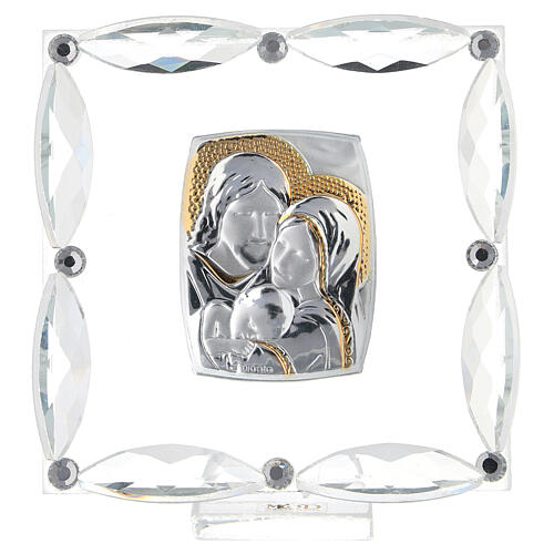 Cuadrito Sagrada Familia lámina plata y decoraciones cristal 7x7 cm 1