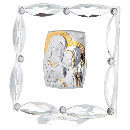 Cuadrito Sagrada Familia lámina plata y decoraciones cristal 7x7 cm 2