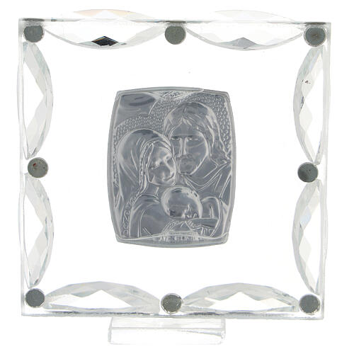 Standing picture white crystals and double laminated silver Holy Family 3x3 in 3