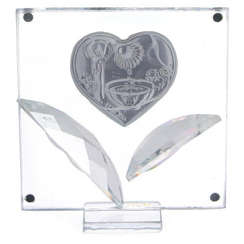 Bild zur Taufe mit herzförmiger Silber-Laminat-Plakette und Blättern aus Kristall, 7x7 cm 3