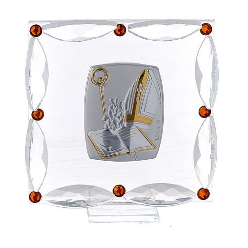 Kleines Bild zur Konfirmation aus Glas und Bilaminat mit Mitra und Bischofsstab, 7 x 7 cm 1