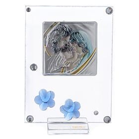 Dicas de Presentes e Lembrancinhas: Quadro prata bilaminada Sagrada Família flores azuis 10x5 cm