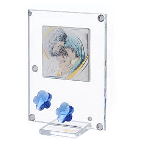 Dicas de Presentes e Lembrancinhas: Quadro prata bilaminada Sagrada Família flores azuis 10x5 cm