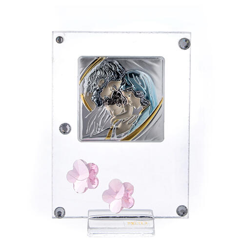 Holy Family with pink flowers, glass picture 10x5 cm 1