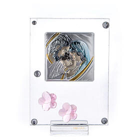 Picture Holy Family double laminated silver pink flowers 4x2 in