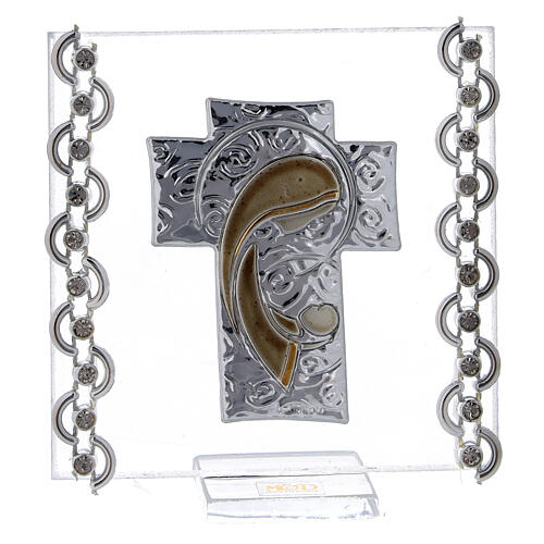 Glass picture with bi-laminate cross, stylised Virgin with Child, 7x7 cm 1