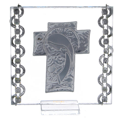 Glass picture cross double laminated silver Virgin Mary with Child 3x3 in 3