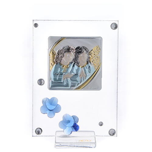 Bild mit Engelchen und Blumen aus Kristall in blau, 10x5 cm 1