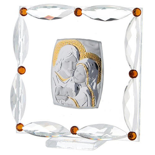 Square glass picture Holy Family strass and amber rhinestones 3x3 in 2