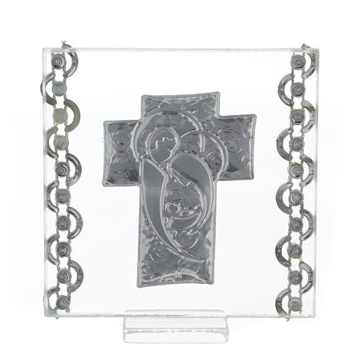 Cuadrito Cruz bilaminado Sagrada Familia y cuentas strass 7x7 cm 3