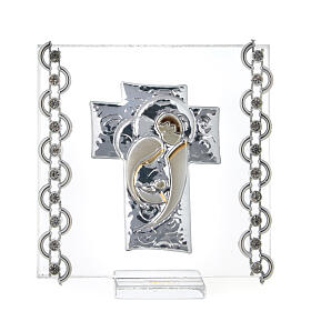 Cadre Croix argent bilaminé Sainte Famille et strass 7x7 cm