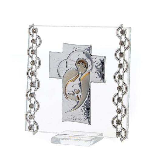 Enfeite cruz prata bilaminada Sagrada Família e strass 7x7 cm 2