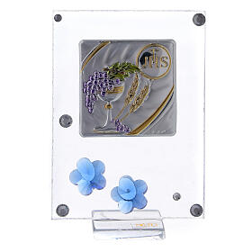 Bild zur Kommunion mit Silber-Laminat-Plakette und Blumen aus Kristall blau, 10x5 cm
