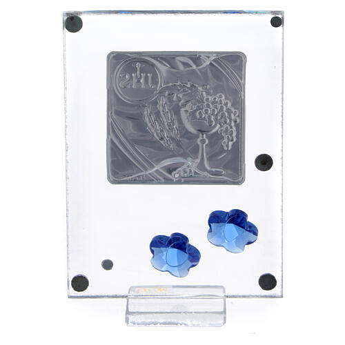 Bild zur Kommunion mit Silber-Laminat-Plakette und Blumen aus Kristall blau, 10x5 cm 3