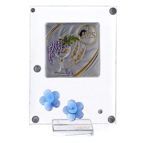 Holy Communion symbols with blue flowers, glass picture, 10x5 cm 1