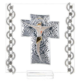 Picture Cross double laminated silver Christ and rhinestones 3x3 in
