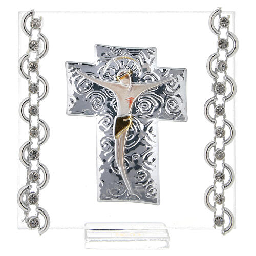 Picture Cross double laminated silver Christ and rhinestones 3x3 in 1