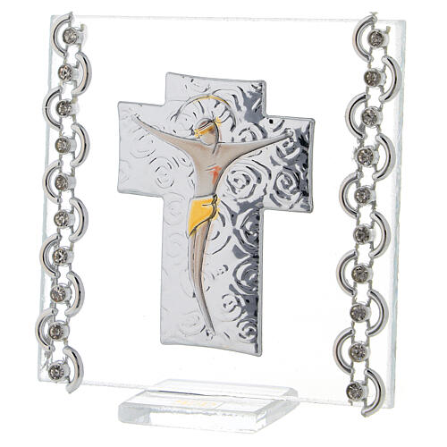 Picture Cross double laminated silver Christ and rhinestones 3x3 in 2