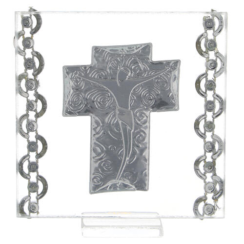Picture Cross double laminated silver Christ and rhinestones 3x3 in 3