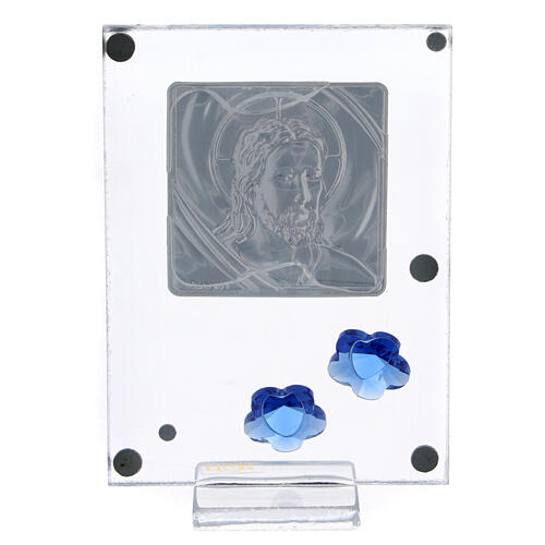 Quadretto bilaminato Cristo fiorellini blu 10x5 cm 3