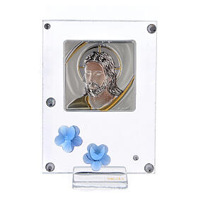 Glass picture double laminated silver Christ blue flowers 4x2 in