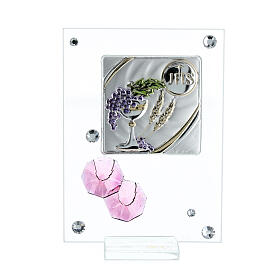 Holy Communion symbols with pink flowers, glass picture, 10x5 cm