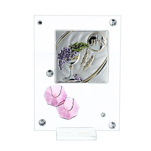 Glass picture Holy Communion double laminated silver pink flowers 4x2 in 1
