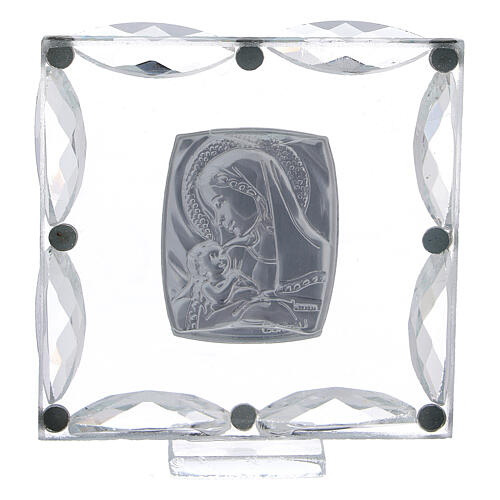 Square glass picture Virgin Mary with Child white rhinestones 3x3 in 3