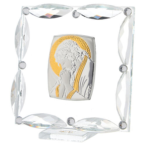 Square glass picture Christ in prayer white rhinestones 3x3 in 2