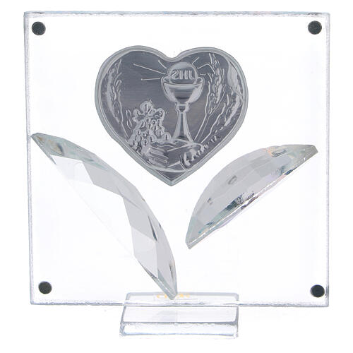 Glass picture with crystal petals, heart with Communion symbols, 7x7 cm 3