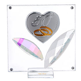 Glass picture with crystal petals, heart with wedding rings, 50th anniversary, 7x7 cm