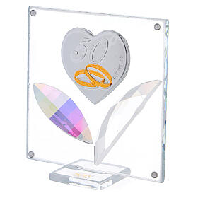 Glass picture with crystal petals, heart with wedding rings, 50th anniversary, 7x7 cm