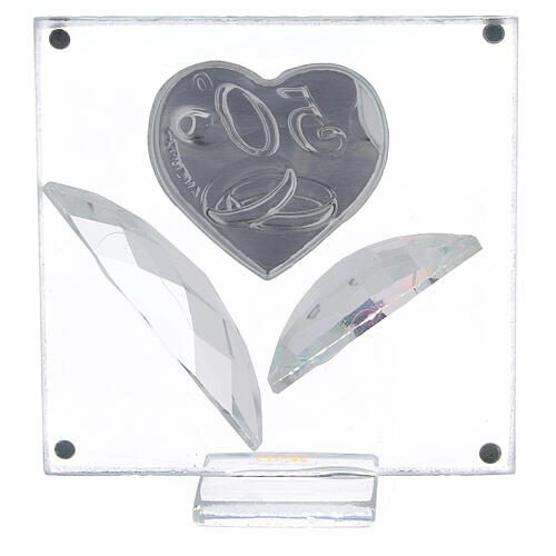 Glass picture with crystal petals, heart with wedding rings, 50th anniversary, 7x7 cm 3