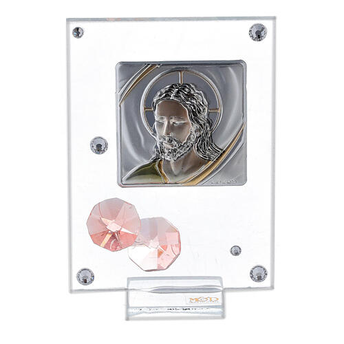 Jesus' portrait with pink flowers, glass picture, 10x5 cm 1