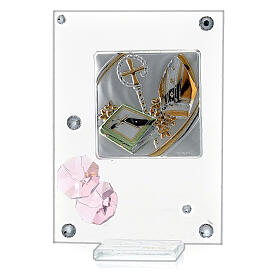 Confirmation symbols with pink flowers, glass picture, 10x5 cm