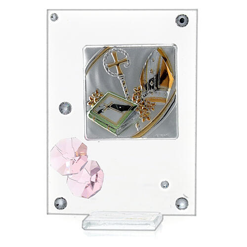 Confirmation symbols with pink flowers, glass picture, 10x5 cm 1