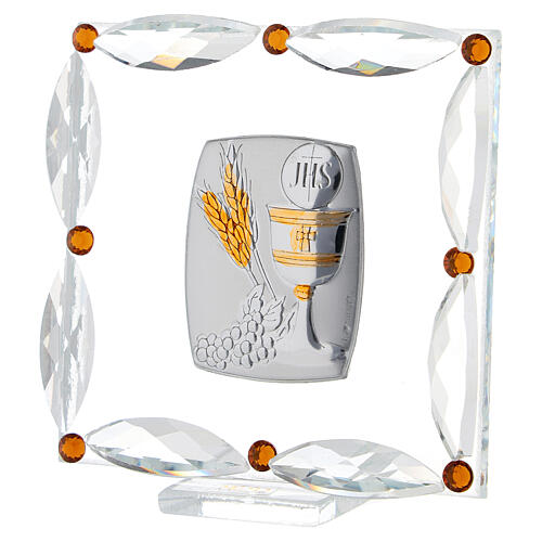 Square glass picture Holy Communion strass and amber rhinestones 3x3 in 2