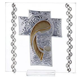 Cadre croix argent bilaminé et strass Maternité 12x12 cm