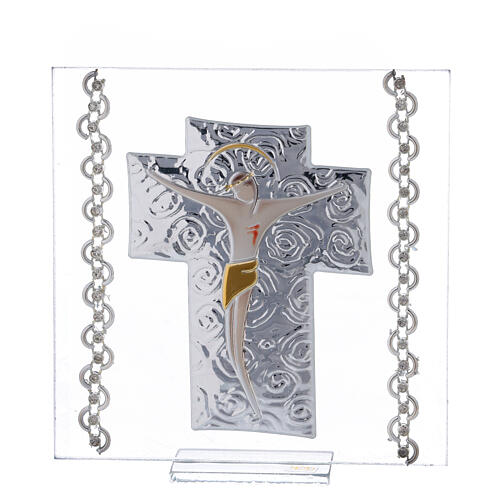Picture Crucifix double laminated silver and rhinestones 5x5 in 1