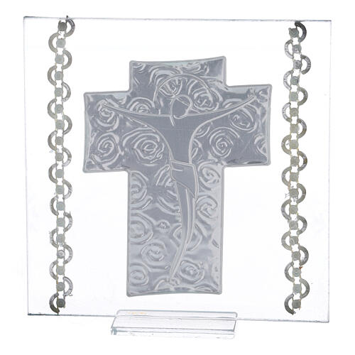 Picture Crucifix double laminated silver and rhinestones 5x5 in 3