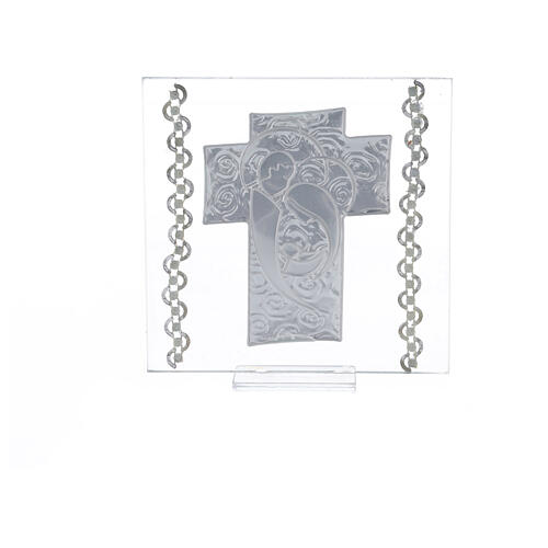 Glass ornament, cross with Holy Family, bi-laminate and rhinestones, 12x12 cm 3