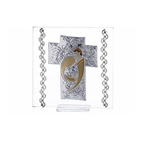 Picture Cross double laminated silver and rhinestones Holy Family 5x5 in