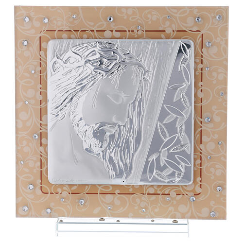 Bild aus Muranoglas mit Silber-Laminat-Plakette und Gesicht von Christus, 20x15 cm 1