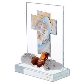 Standbild aus Glas mit Kreuz aus Silber-Laminat und braunen Kristallen