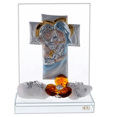 Standbild aus Glas mit Kreuz aus Silber-Laminat und braunen Kristallen 1