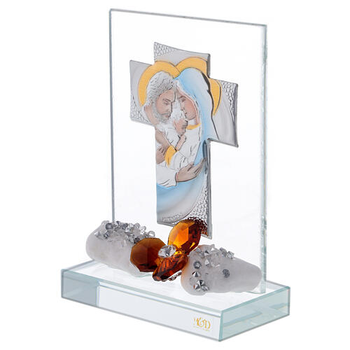 Standbild aus Glas mit Kreuz aus Silber-Laminat und braunen Kristallen 2